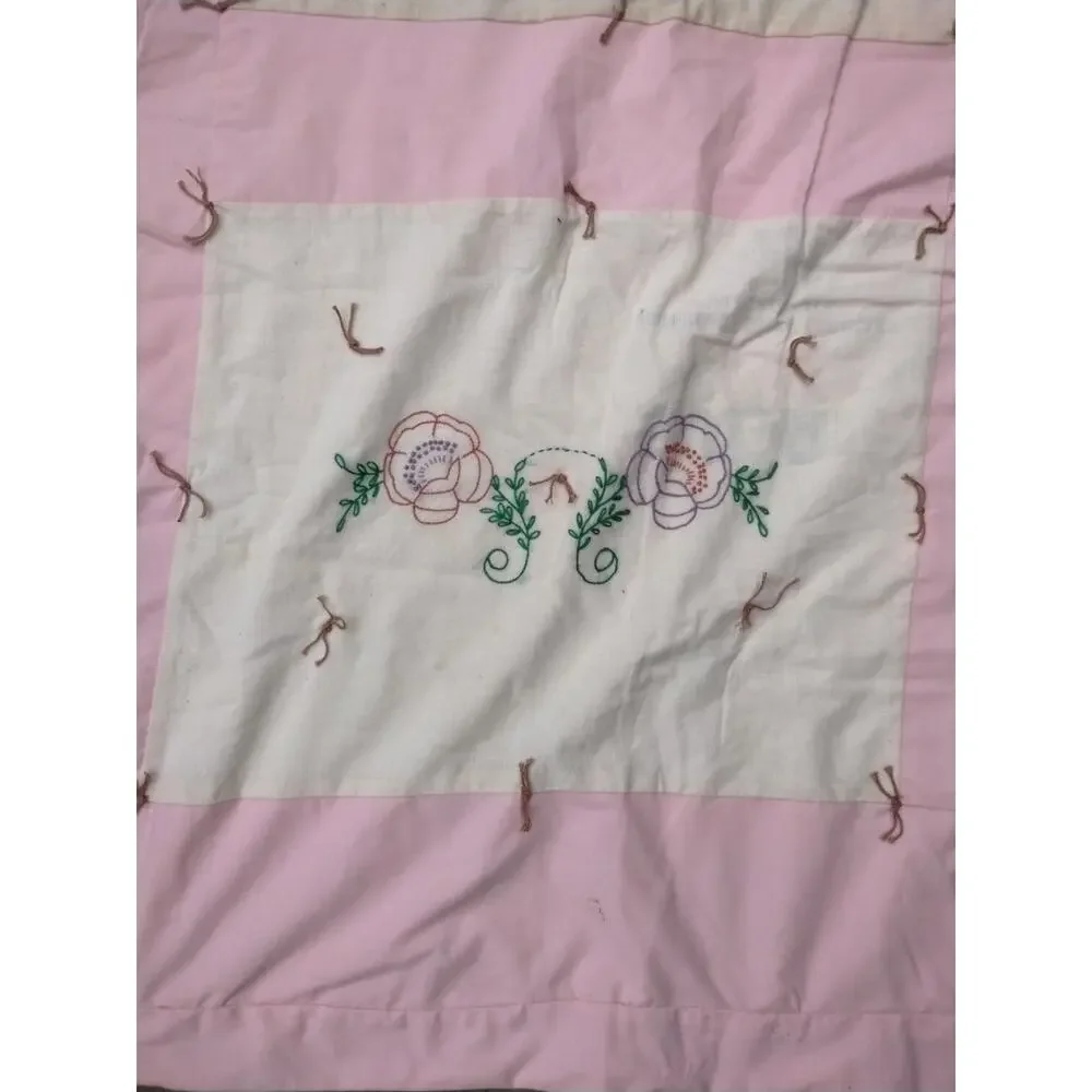Handmade and Hand Embroidered with Flowers PinkQuilt Throw 76